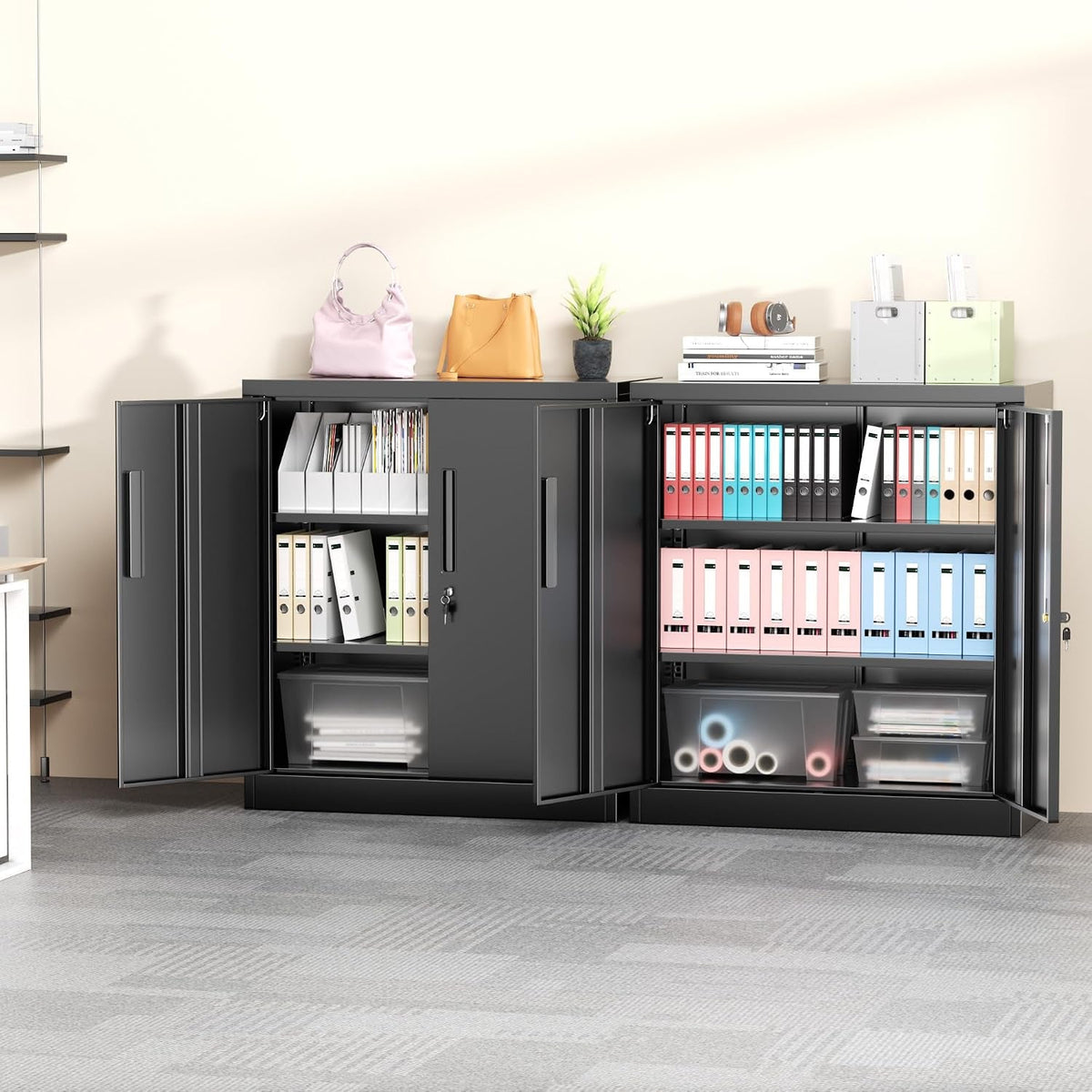 Metal Storage Cabinet, 36" Locking Storage Cabinet with Doors and Shelves, Lockable Storage Cabinets for Home Office, Utility Locker Cabinet, Steel Garage Cabinet with 2 Keys, Black