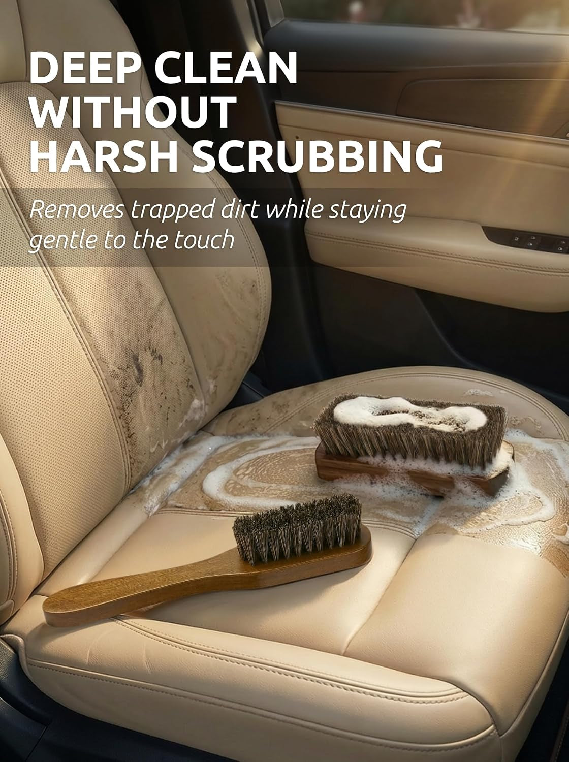 Leather & Upholstery Cleaning Brush Set with Compact Wood Handle