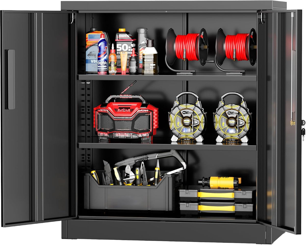 Metal Storage Cabinet, 36" Locking Storage Cabinet with Doors and Shelves, Lockable Storage Cabinets for Home Office, Utility Locker Cabinet, Steel Garage Cabinet with 2 Keys, Black