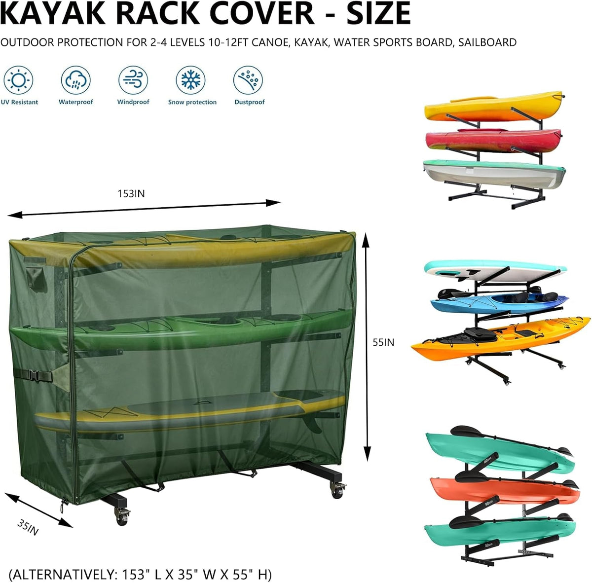 Heavy Duty Kayak Rack Cover 12.7Ft – Waterproof Dustproof UV Protective. for Freestanding Kayak Stand, for 2-4 Tier Racks, for Canoes, Sups, Paddleboards & Surfboards(153" LX 35" W X 55" H)