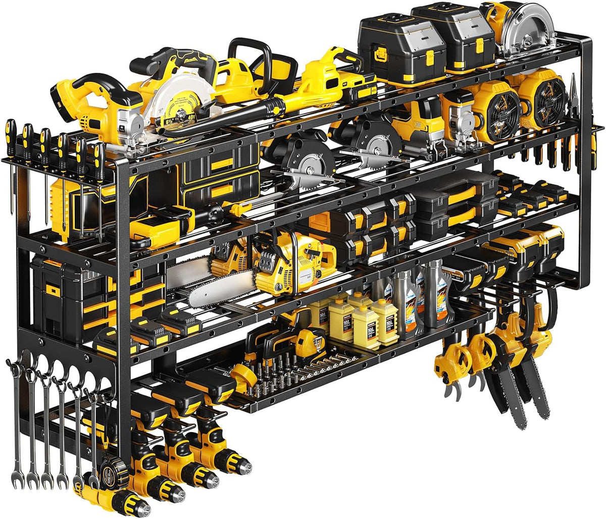 Extra Large 64" W Power Tool Organizer Wall Mount, 1000 Lbs Load Capacity, Heavy Duty 4 Tier Garage Storage Rack with 8 Drill Holders, 2 in 1 Corner or Straight Installation