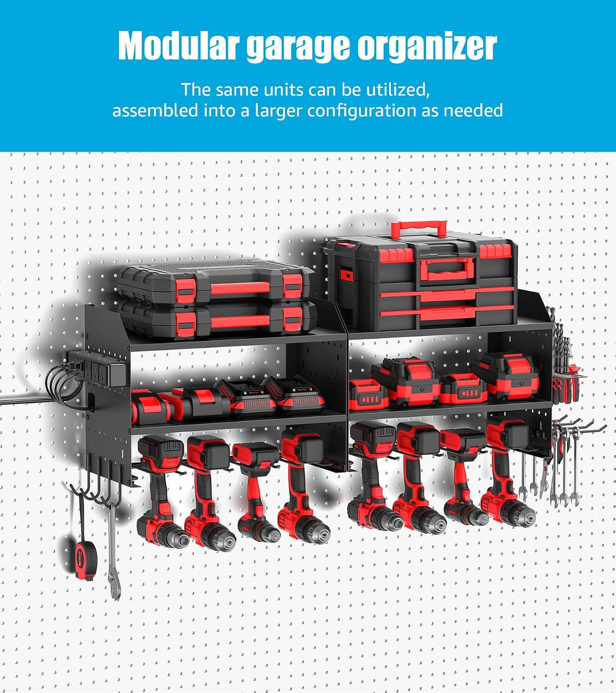 Modular Power Tool Organizer Wall Mount with Charging, Black, 1 Pack