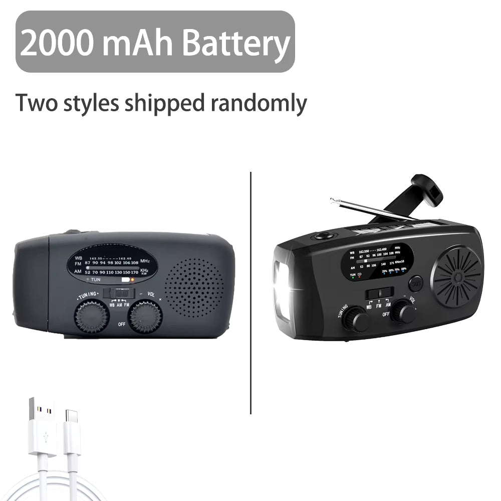 2000Mah High Capacity Rechargeable Radio Solar Rechargeable Emergency Light Outdoor Camping Flashlight Waterproof Portable Light
