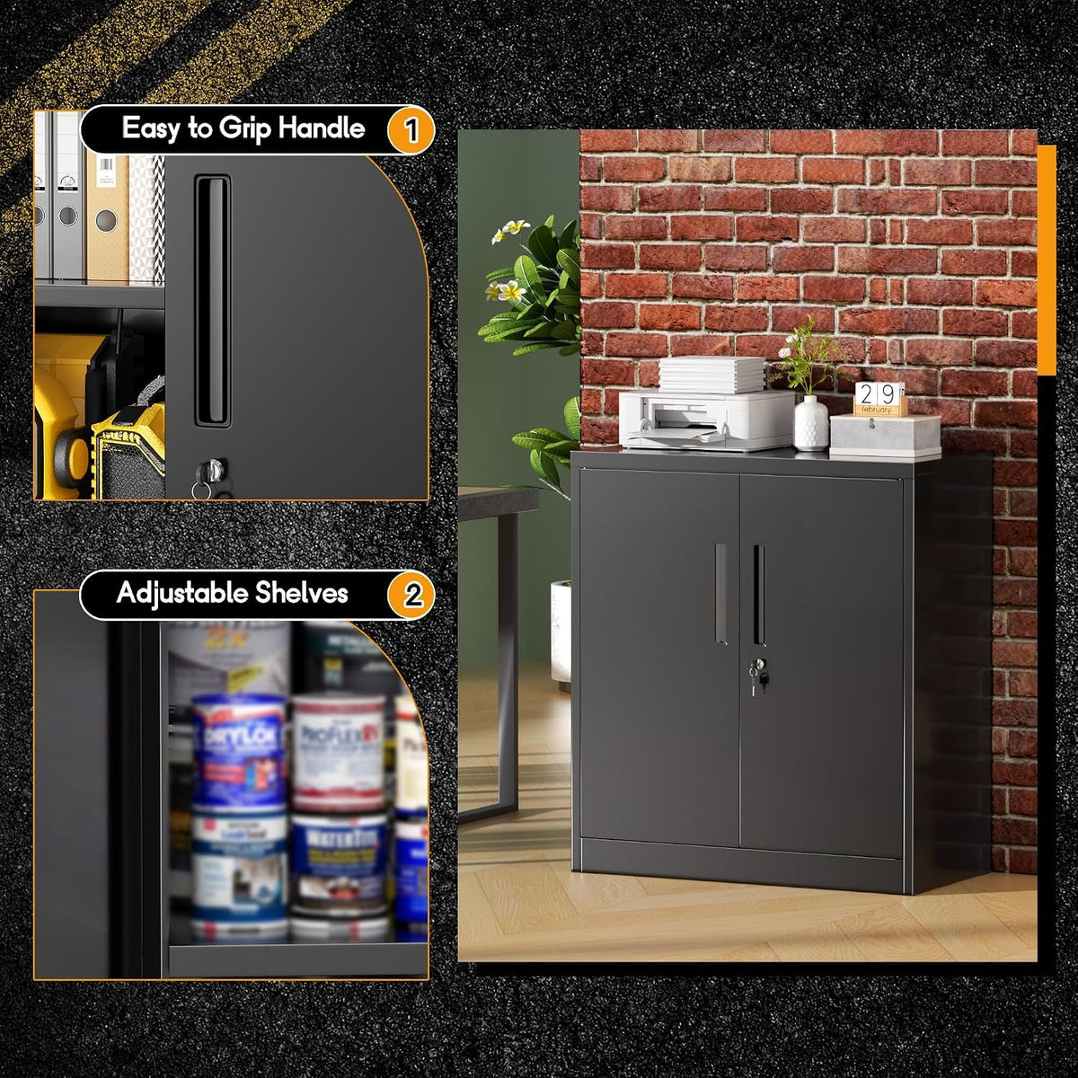 Metal Storage Cabinet, 36" Locking Storage Cabinet with Doors and Shelves, Lockable Storage Cabinets for Home Office, Utility Locker Cabinet, Steel Garage Cabinet with 2 Keys, Black