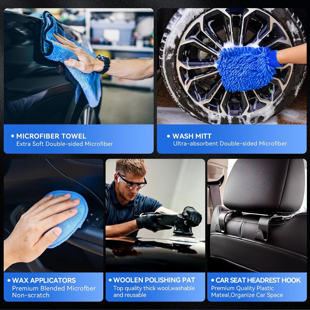 29Pcs Car Detailing Kit, Car Cleaning Kits Interior Cleaner with Detailing Brushes,Drill Brush Heads,Car Wash Kit with Cleaning Gel,Wash Mitt,Car Hooks,Car Care Gift for Men, Black