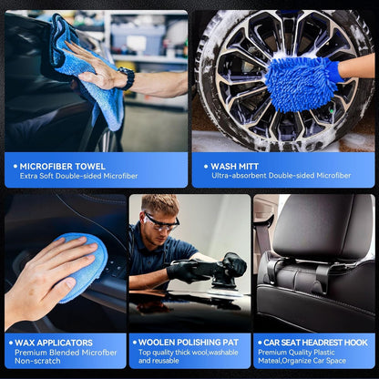 29Pcs Car Detailing Kit, Car Cleaning Kits Interior Cleaner with Detailing Brushes,Drill Brush Heads,Car Wash Kit with Cleaning Gel,Wash Mitt,Car Hooks,Car Care Gift for Men, Black