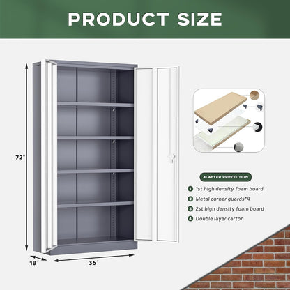 Metal Garage Storage Cabinet, 72" Locking Metal Cabinet with 2 Doors and 4 Adjustable Shelves, Lockable File Cabinet for Home, Office, Garage (36" W X 18" D)