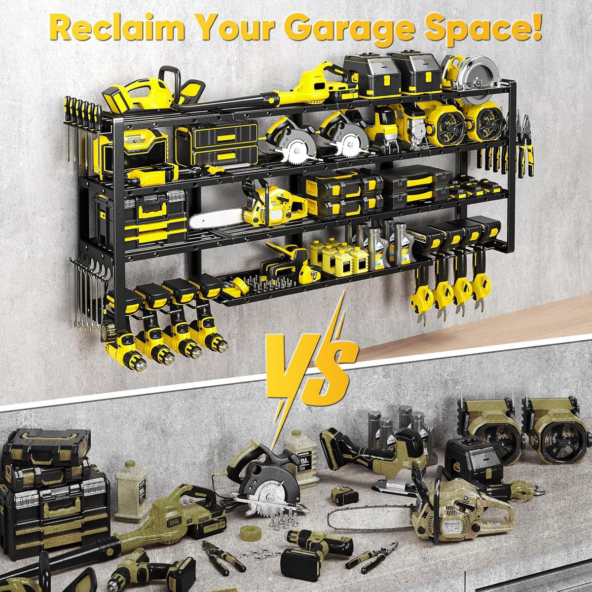 Extra Large 64" W Power Tool Organizer Wall Mount, 1000 Lbs Load Capacity, Heavy Duty 4 Tier Garage Storage Rack with 8 Drill Holders, 2 in 1 Corner or Straight Installation