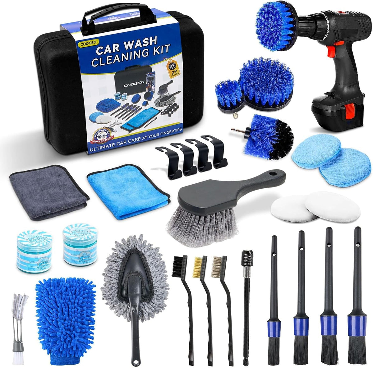 29Pcs Car Detailing Kit, Car Cleaning Kits Interior Cleaner with Detailing Brushes,Drill Brush Heads,Car Wash Kit with Cleaning Gel,Wash Mitt,Car Hooks,Car Care Gift for Men, Black