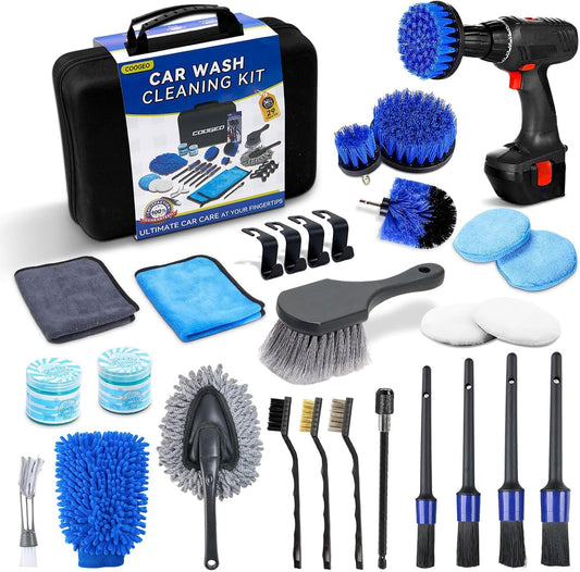 29Pcs Car Detailing Kit, Car Cleaning Kits Interior Cleaner with Detailing Brushes,Drill Brush Heads,Car Wash Kit with Cleaning Gel,Wash Mitt,Car Hooks,Car Care Gift for Men, Black