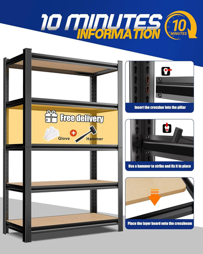 2 Pack Garage Shelving Heavy Duty, 5-Tier Storage Shelves, Home Storage Rack, Utility Metal Shelf, Adjustable Shelving Unit, for Dorm, Basement, Kitchen,17.7" D X 45.6" W X 71.2" H, Black