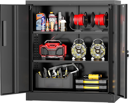 Metal Storage Cabinet, 36" Locking Storage Cabinet with Doors and Shelves, Lockable Storage Cabinets for Home Office, Utility Locker Cabinet, Steel Garage Cabinet with 2 Keys, Black