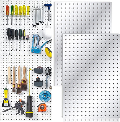 2 Pcs Metal Pegboard Wall Panels - 23.6” X 15.7” Pegboard Wall Organizer System for Walls, Small Peg Board Tool Storage, White Pegboard for Garage, Craft Room, Workbench, Kitchen, Office