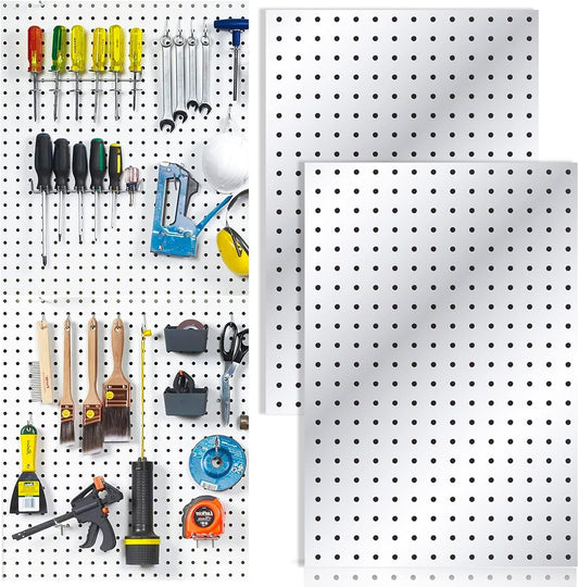 2 Pcs Metal Pegboard Wall Panels - 23.6” X 15.7” Pegboard Wall Organizer System for Walls, Small Peg Board Tool Storage, White Pegboard for Garage, Craft Room, Workbench, Kitchen, Office