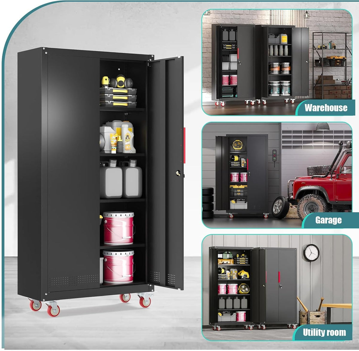 71" Lockable Metal Garage Storage Cabinet with Wheels,Steel,Black