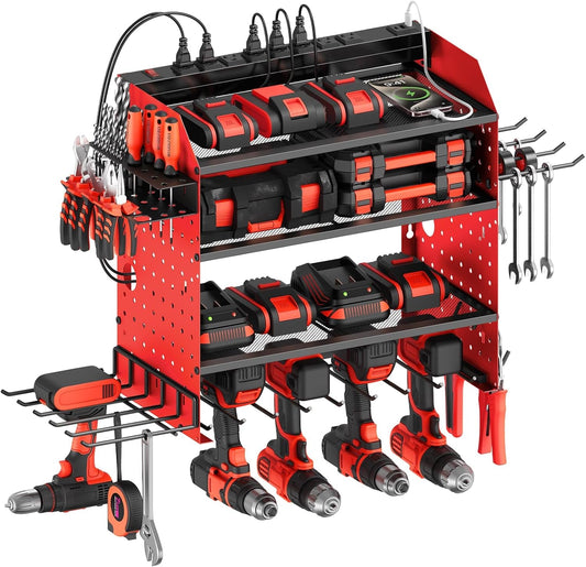 Modular Power Tools Organizer with USB Charging Station, 4 Layer Drills and Battery Storage Wall Mount, Garage Shop Organization, Anniversary, Birthday, Gifts for Men, Father, 6FT Cord, Red.