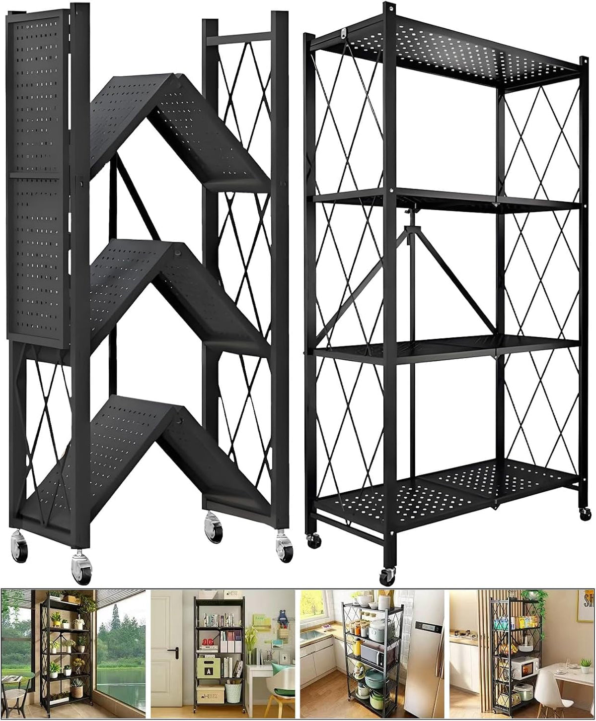 4-Tire Storage Shelves Organizer, Foldable Metal Garage Shelving, Portable Closet Shelving Unit, 28" X 13" X 48" Kitchen Bakers Rack Microwave Stand on Wheels (Tiered Shelf-4)
