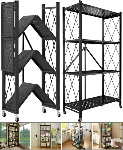 4-Tire Storage Shelves Organizer, Foldable Metal Garage Shelving, Portable Closet Shelving Unit, 28" X 13" X 48" Kitchen Bakers Rack Microwave Stand on Wheels (Tiered Shelf-4)