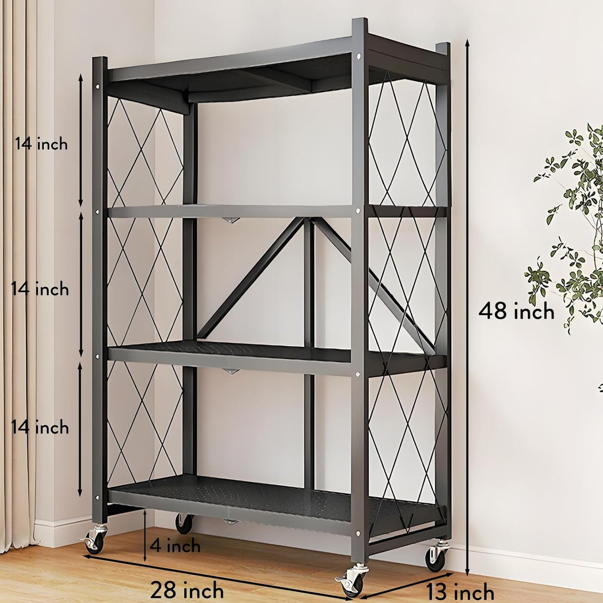 4-Tire Storage Shelves Organizer, Foldable Metal Garage Shelving, Portable Closet Shelving Unit, 28" X 13" X 48" Kitchen Bakers Rack Microwave Stand on Wheels (Tiered Shelf-4)