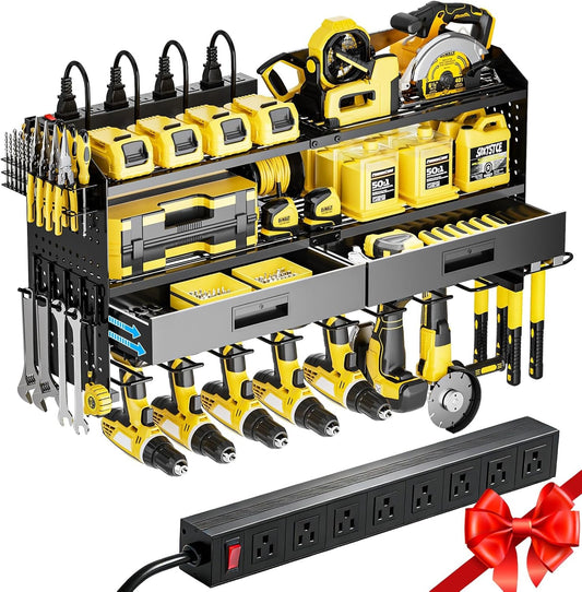 Power Tool Organizer Wall Mount with Charging Station & Drawers
