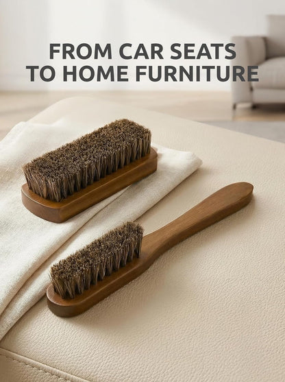Leather & Upholstery Cleaning Brush Set with Compact Wood Handle