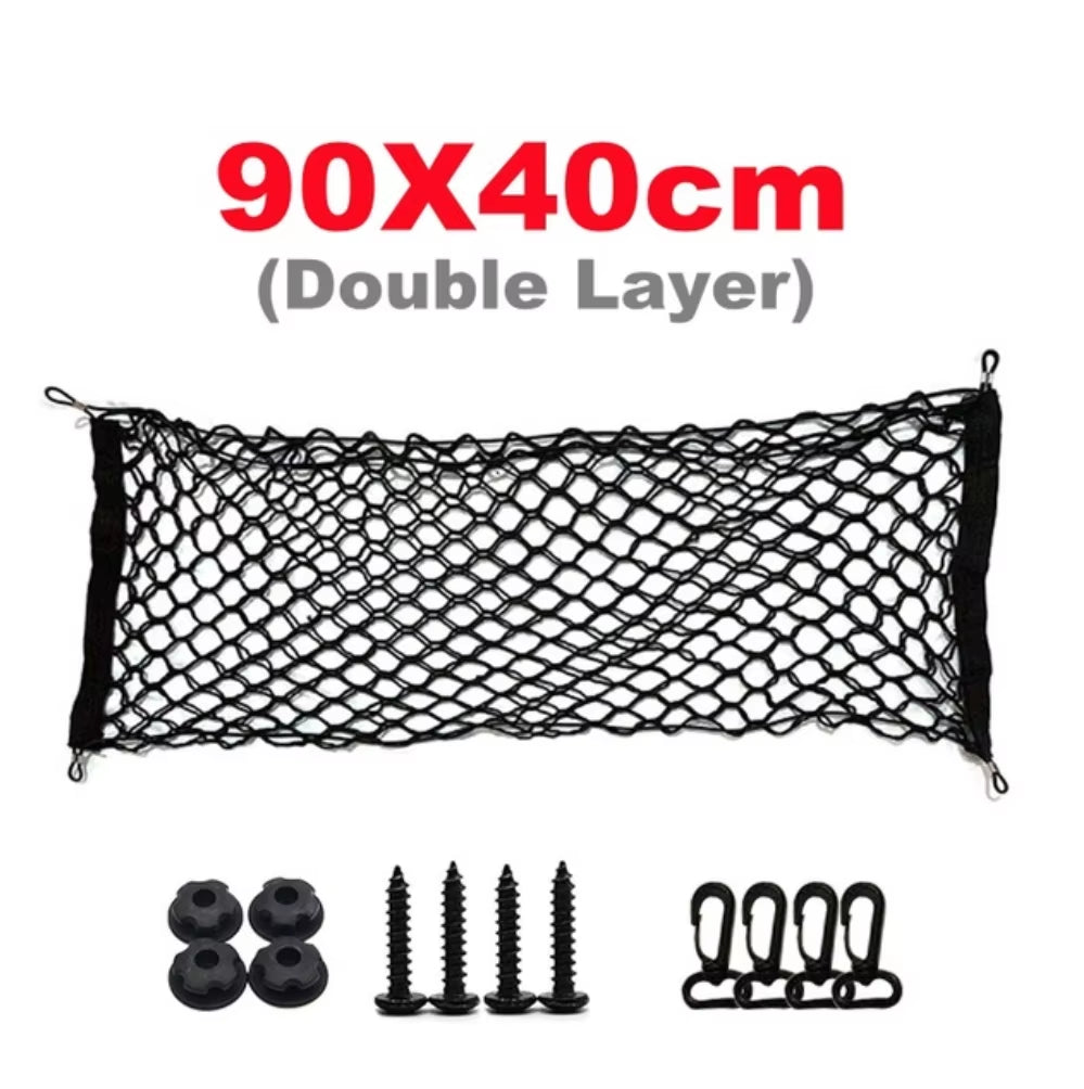 Car Rear Trunk Net Mesh Elastic Nylon Back Cargo Storage Organizer Double Layer Luggage Grocery Holder Universal Car Accessories