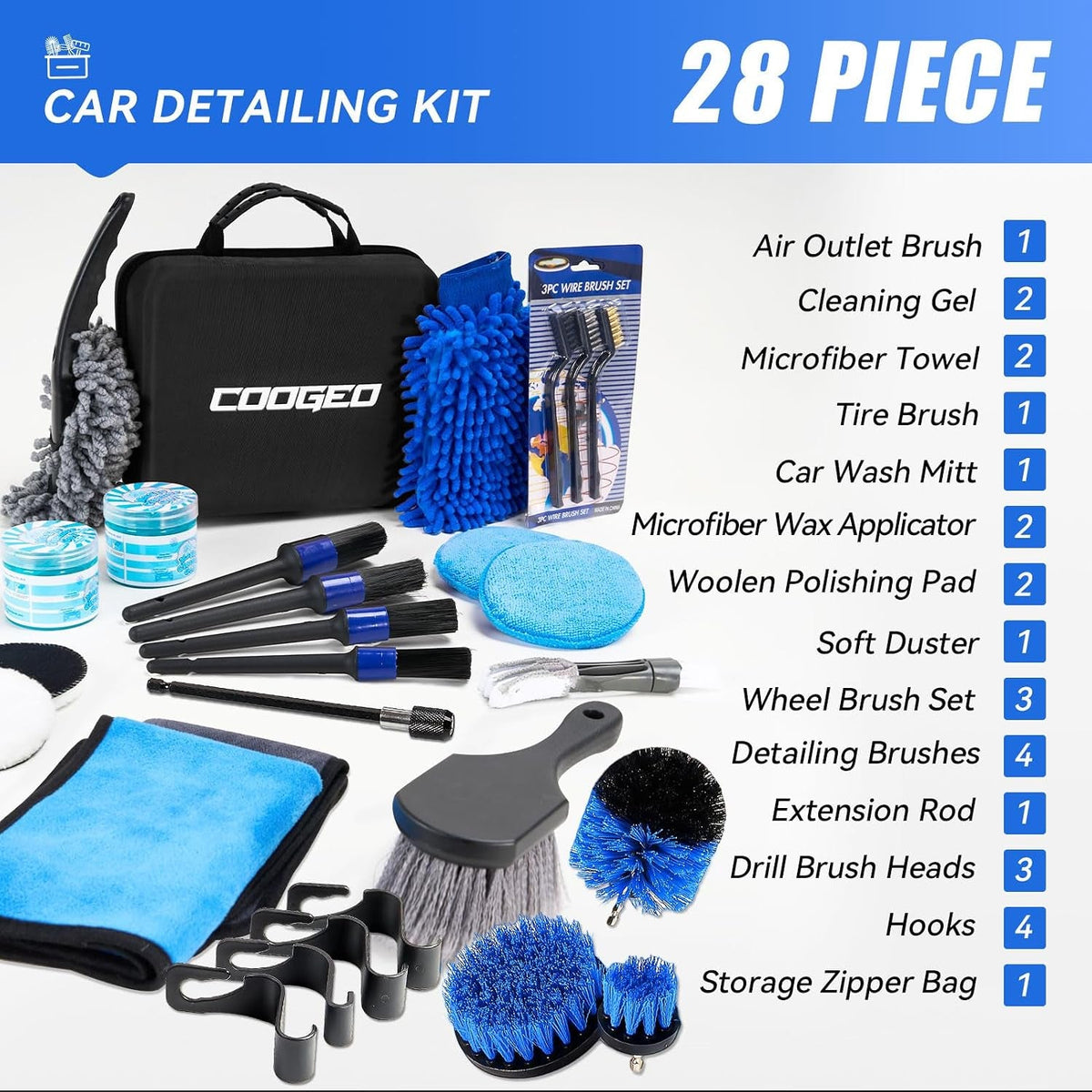 29Pcs Car Detailing Kit, Car Cleaning Kits Interior Cleaner with Detailing Brushes,Drill Brush Heads,Car Wash Kit with Cleaning Gel,Wash Mitt,Car Hooks,Car Care Gift for Men, Black