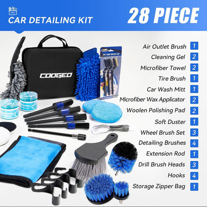 29Pcs Car Detailing Kit, Car Cleaning Kits Interior Cleaner with Detailing Brushes,Drill Brush Heads,Car Wash Kit with Cleaning Gel,Wash Mitt,Car Hooks,Car Care Gift for Men, Black