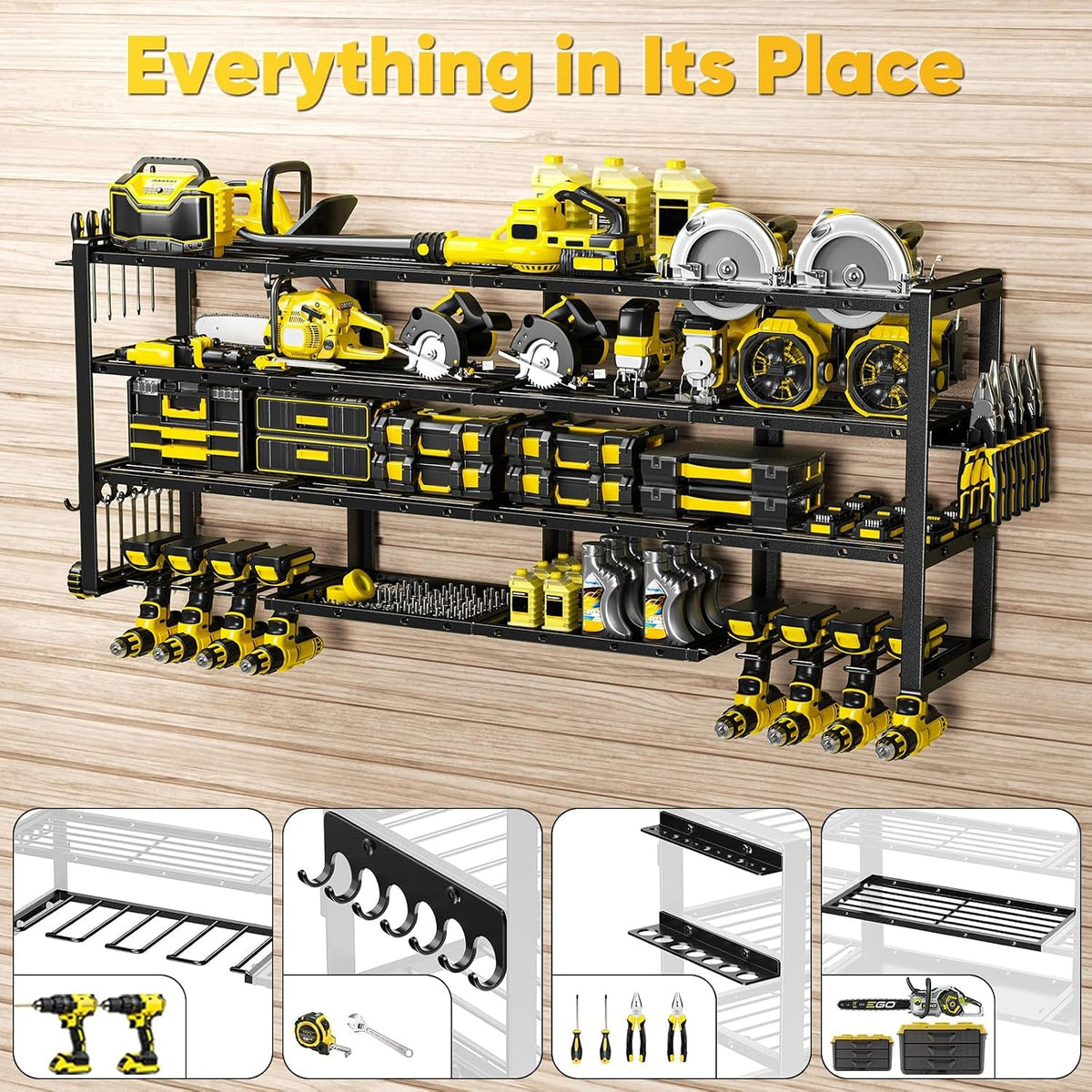 Extra Large 64" W Power Tool Organizer Wall Mount, 1000 Lbs Load Capacity, Heavy Duty 4 Tier Garage Storage Rack with 8 Drill Holders, 2 in 1 Corner or Straight Installation