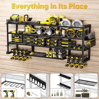 Extra Large 64" W Power Tool Organizer Wall Mount, 1000 Lbs Load Capacity, Heavy Duty 4 Tier Garage Storage Rack with 8 Drill Holders, 2 in 1 Corner or Straight Installation