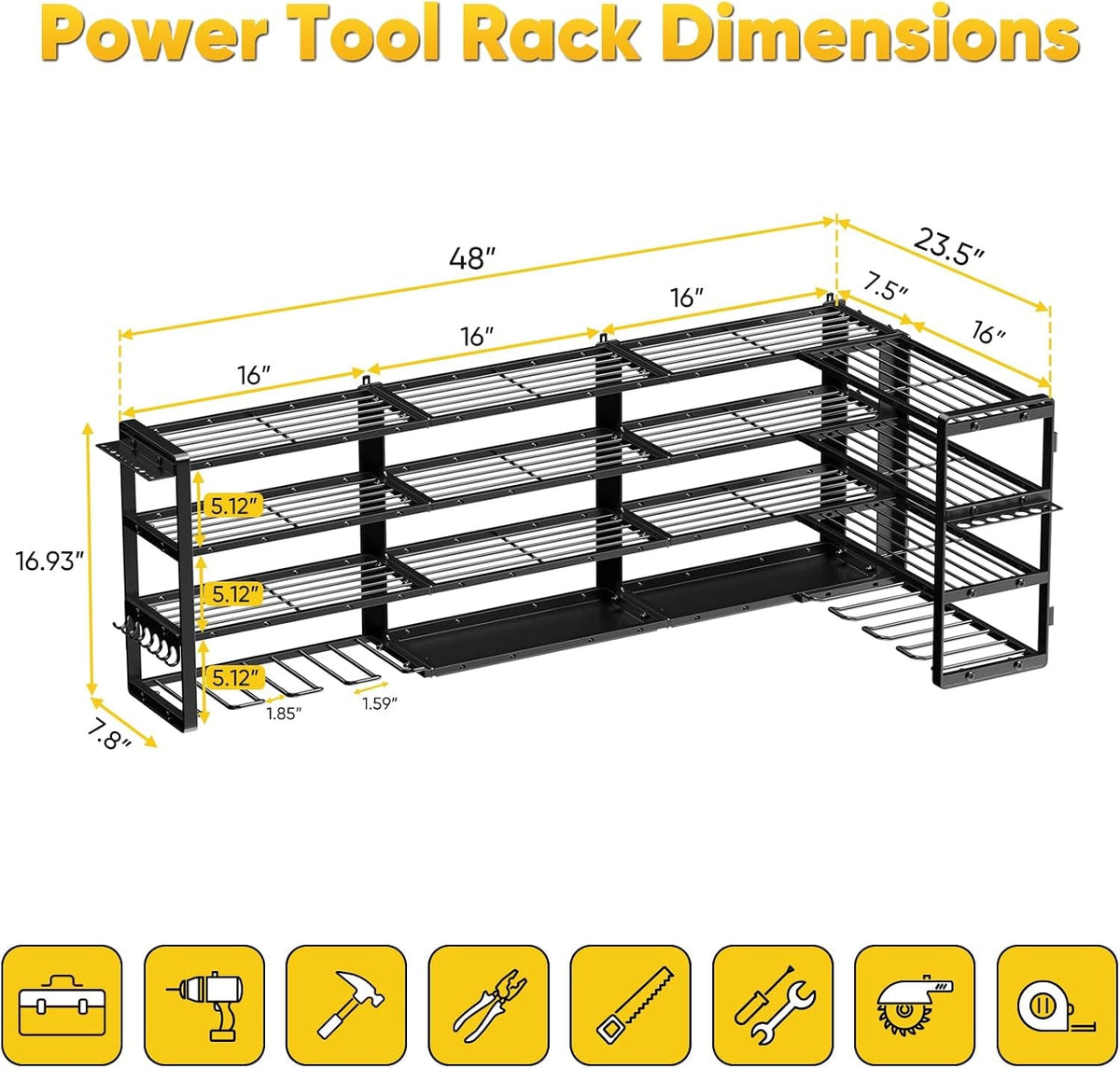 Extra Large 64" W Power Tool Organizer Wall Mount, 1000 Lbs Load Capacity, Heavy Duty 4 Tier Garage Storage Rack with 8 Drill Holders, 2 in 1 Corner or Straight Installation