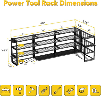Extra Large 64" W Power Tool Organizer Wall Mount, 1000 Lbs Load Capacity, Heavy Duty 4 Tier Garage Storage Rack with 8 Drill Holders, 2 in 1 Corner or Straight Installation