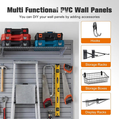 Slatwall Panel 4X8Ft, Garage Slat Wall Storage Systems Durable and Sturdy, Easy-To-Install Interlocking PVC Slat Wall Organizer Panels Flexible and Convenient, Maximize Vertical Space