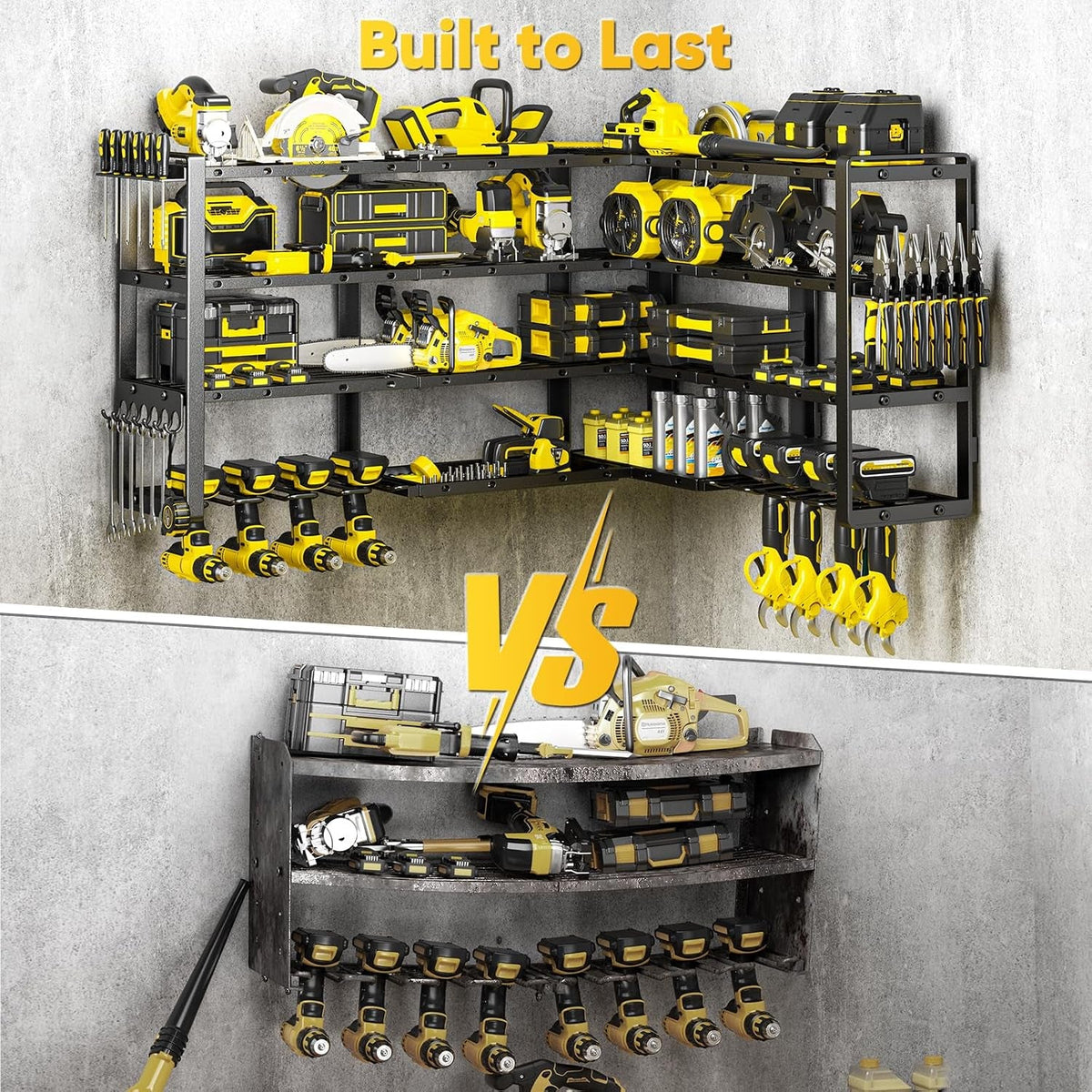 Extra Large 64" W Power Tool Organizer Wall Mount, 1000 Lbs Load Capacity, Heavy Duty 4 Tier Garage Storage Rack with 8 Drill Holders, 2 in 1 Corner or Straight Installation