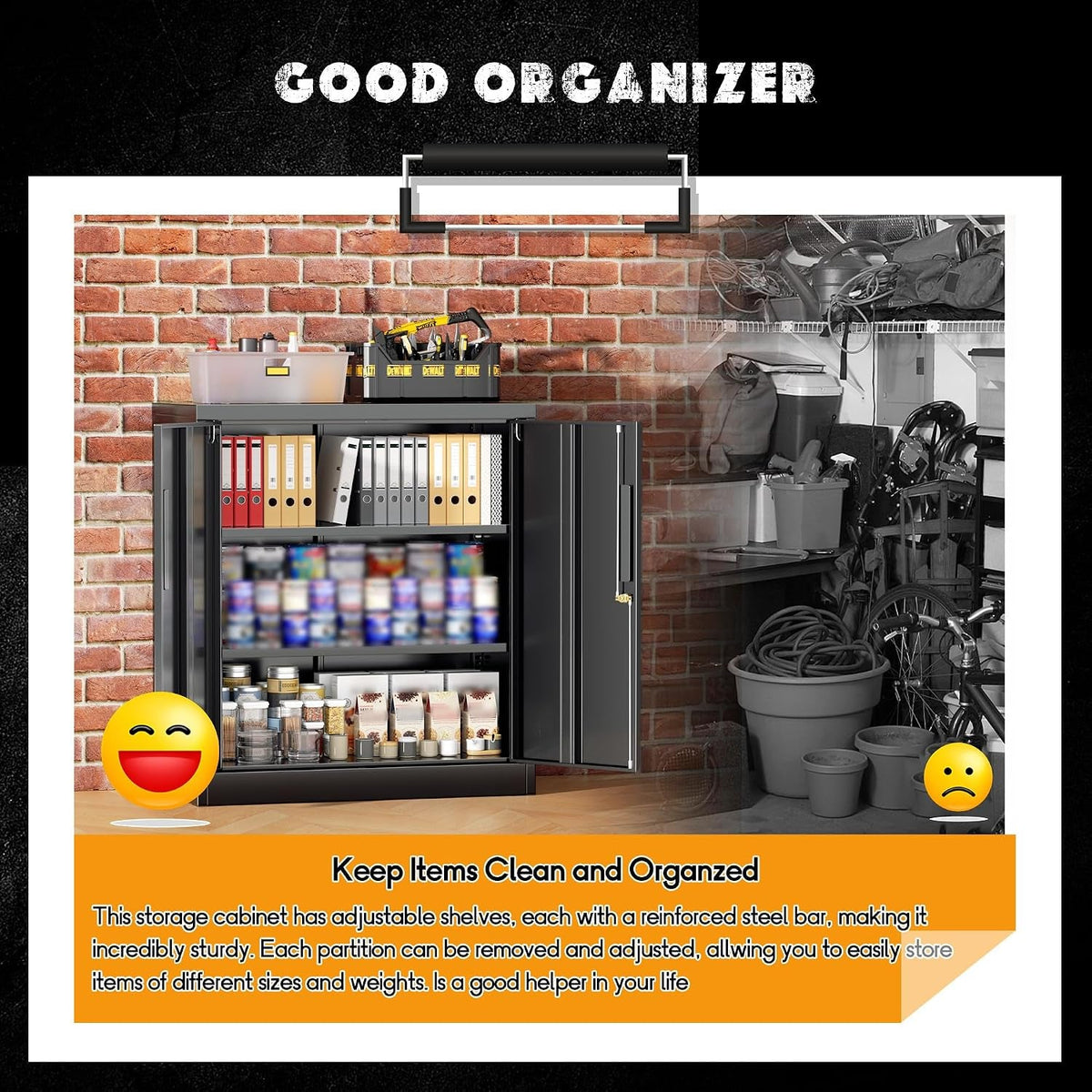 Metal Storage Cabinet, 36" Locking Storage Cabinet with Doors and Shelves, Lockable Storage Cabinets for Home Office, Utility Locker Cabinet, Steel Garage Cabinet with 2 Keys, Black