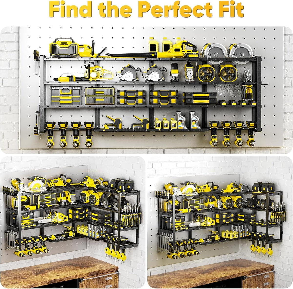 Extra Large 64" W Power Tool Organizer Wall Mount, 1000 Lbs Load Capacity, Heavy Duty 4 Tier Garage Storage Rack with 8 Drill Holders, 2 in 1 Corner or Straight Installation