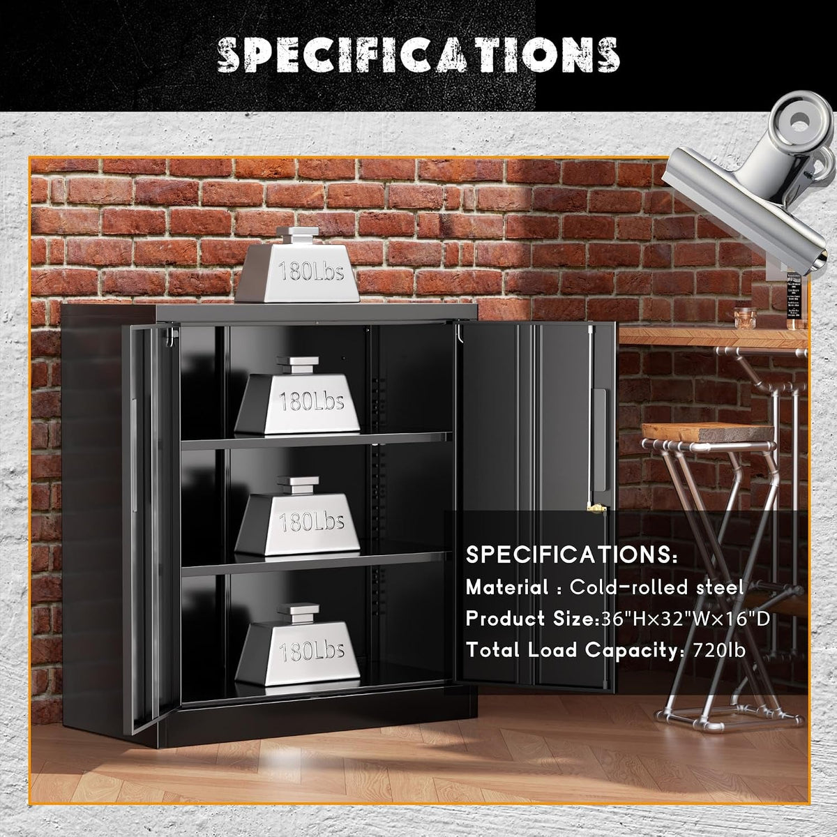 Metal Storage Cabinet, 36" Locking Storage Cabinet with Doors and Shelves, Lockable Storage Cabinets for Home Office, Utility Locker Cabinet, Steel Garage Cabinet with 2 Keys, Black