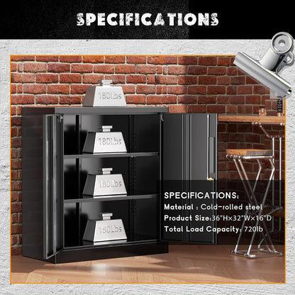 Metal Storage Cabinet, 36" Locking Storage Cabinet with Doors and Shelves, Lockable Storage Cabinets for Home Office, Utility Locker Cabinet, Steel Garage Cabinet with 2 Keys, Black