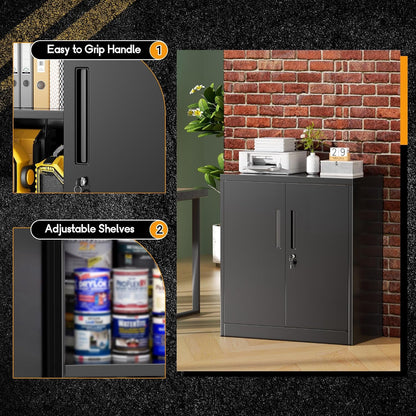 Metal Storage Cabinet, 36" Locking Storage Cabinet with Doors and Shelves, Lockable Storage Cabinets for Home Office, Utility Locker Cabinet, Steel Garage Cabinet with 2 Keys, Black