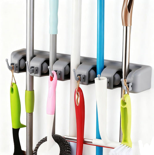 2 Pack Mop and Broom Holder Wall Mounted 5 Position Storage Rack with 6 Retractable Hooks Holds up to 11 Tools Utility Weatherproof Holder for Garage Storage Systems Broom Organizer,Gray