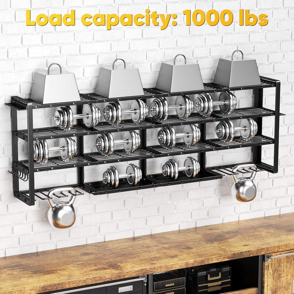 Extra Large 64" W Power Tool Organizer Wall Mount, 1000 Lbs Load Capacity, Heavy Duty 4 Tier Garage Storage Rack with 8 Drill Holders, 2 in 1 Corner or Straight Installation