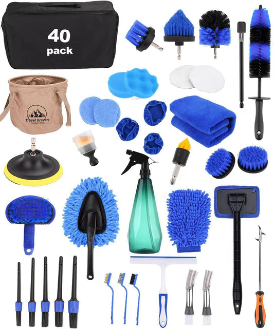 Car Detailing Kit 40PCS, Car Cleaning Kit with Detailing Brush Set, Car Wash Kit Interior Exterior Wheels Tire Tools, Auto Detailing Supplies with Bucket Towels Drill Brushes Storage Bag